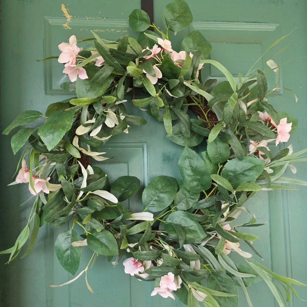 Floral Grapevine Wreath Pink Blossoms Green Foliage Spring Summer Home Decor 26